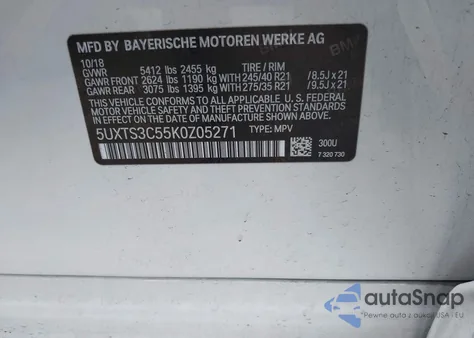 2019 BMW X3 M40I z USA, uszkodzony, nr VIN 5UXTS3C55K0Z05271